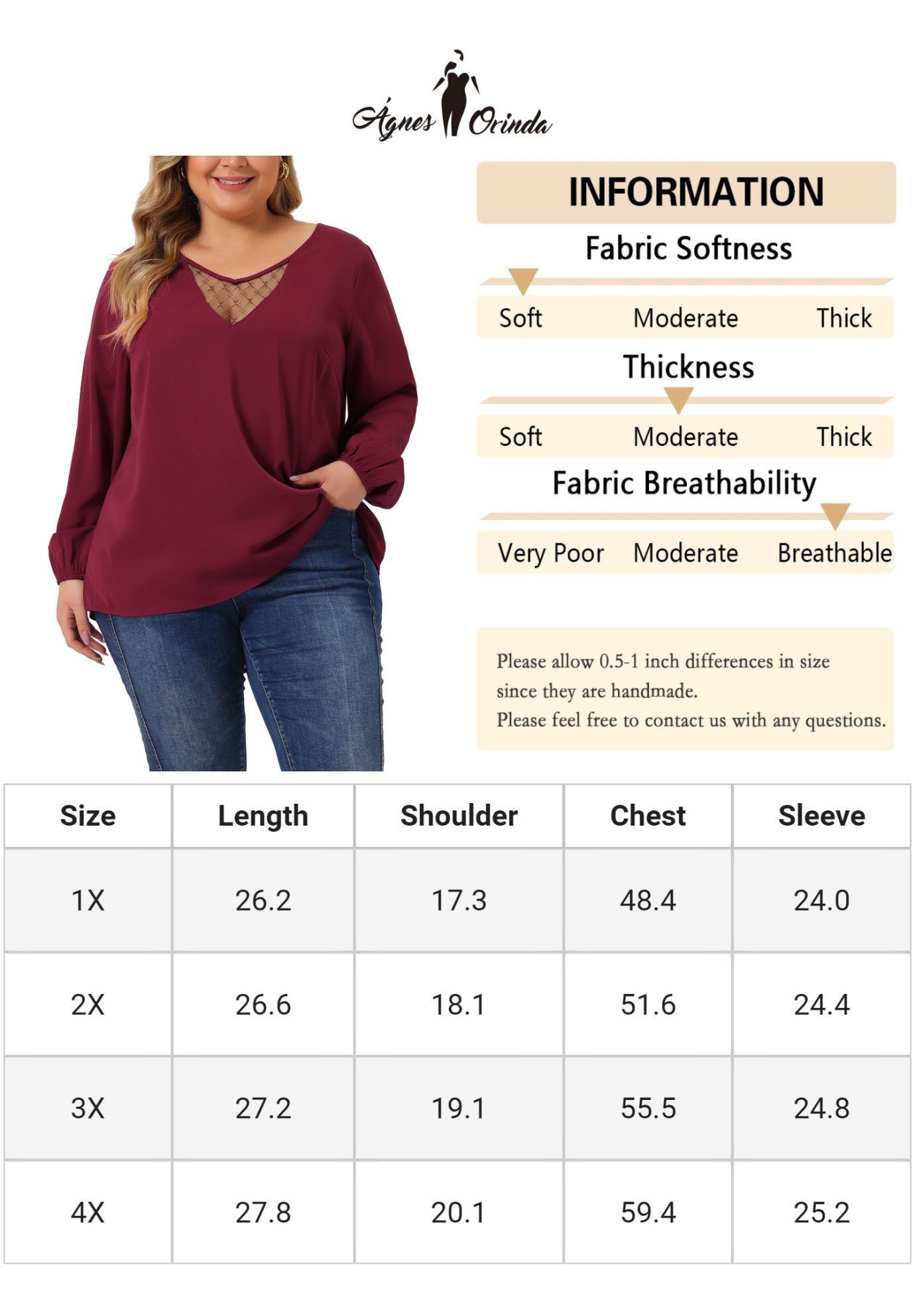 LONG SLEEVE LACE V NECK TOP, Burgundy / Red, alternate image number 4