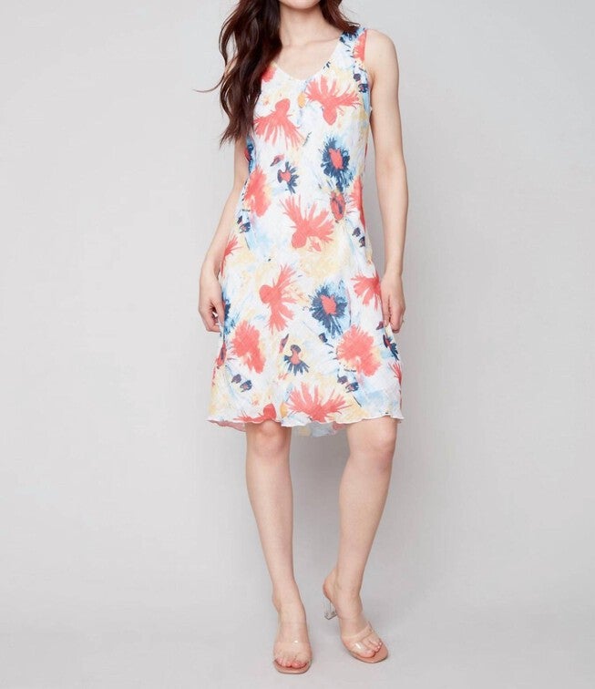 SLEEVELESS PRINTED COTTON GAUZE DRESS IN POPPY, Poppy / White, alternate image number 2