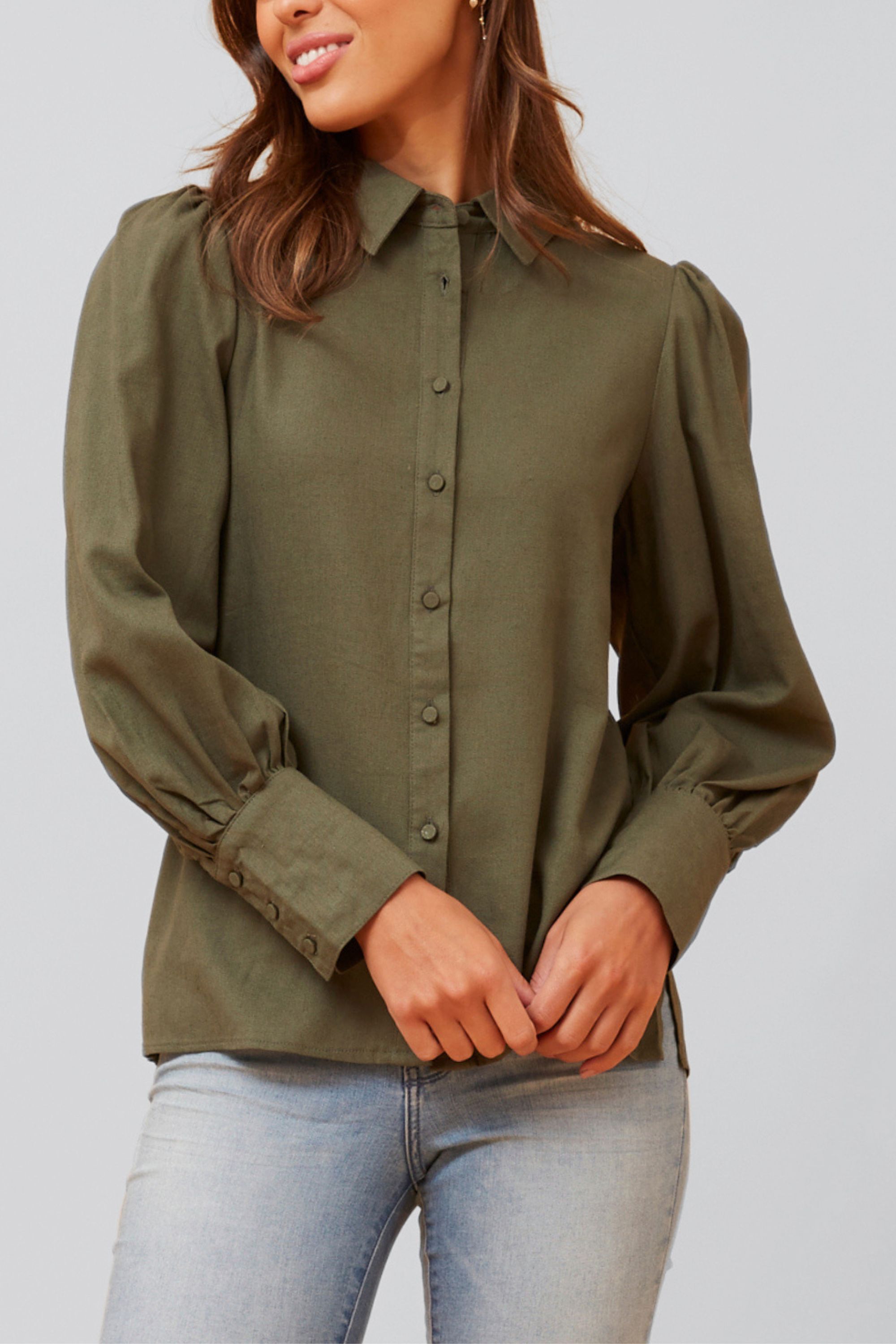 Maxine Shirt Fitted Long Puffy Sleeves Solid, Green / Olive Green, alternate image number 3