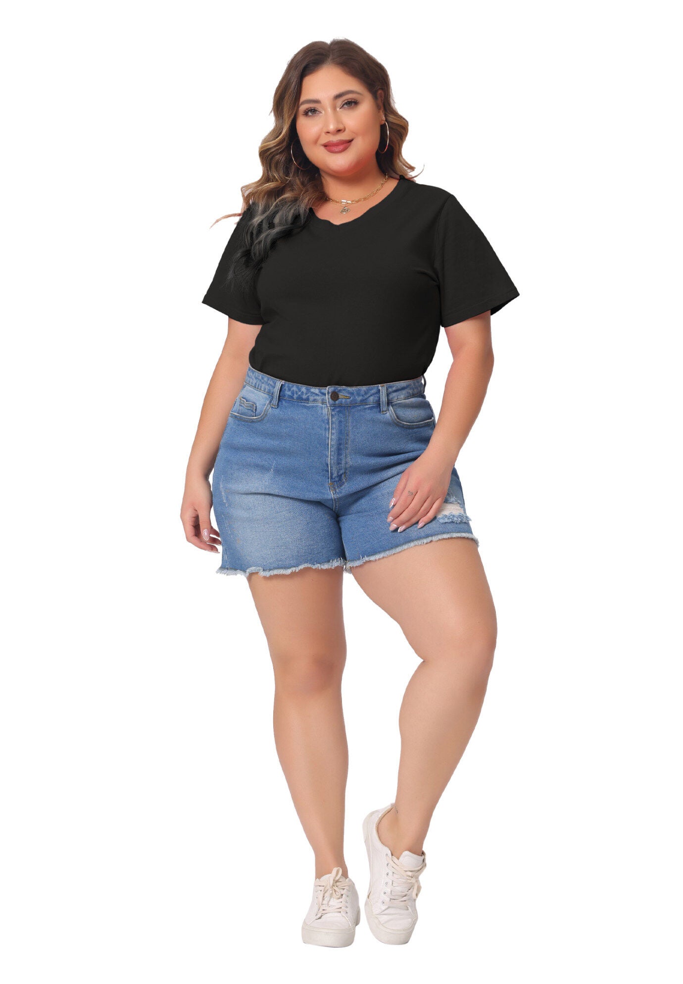 Short Sleeve V Neck Basic T-Shirt Top, Black / Black, hi-res image number 0