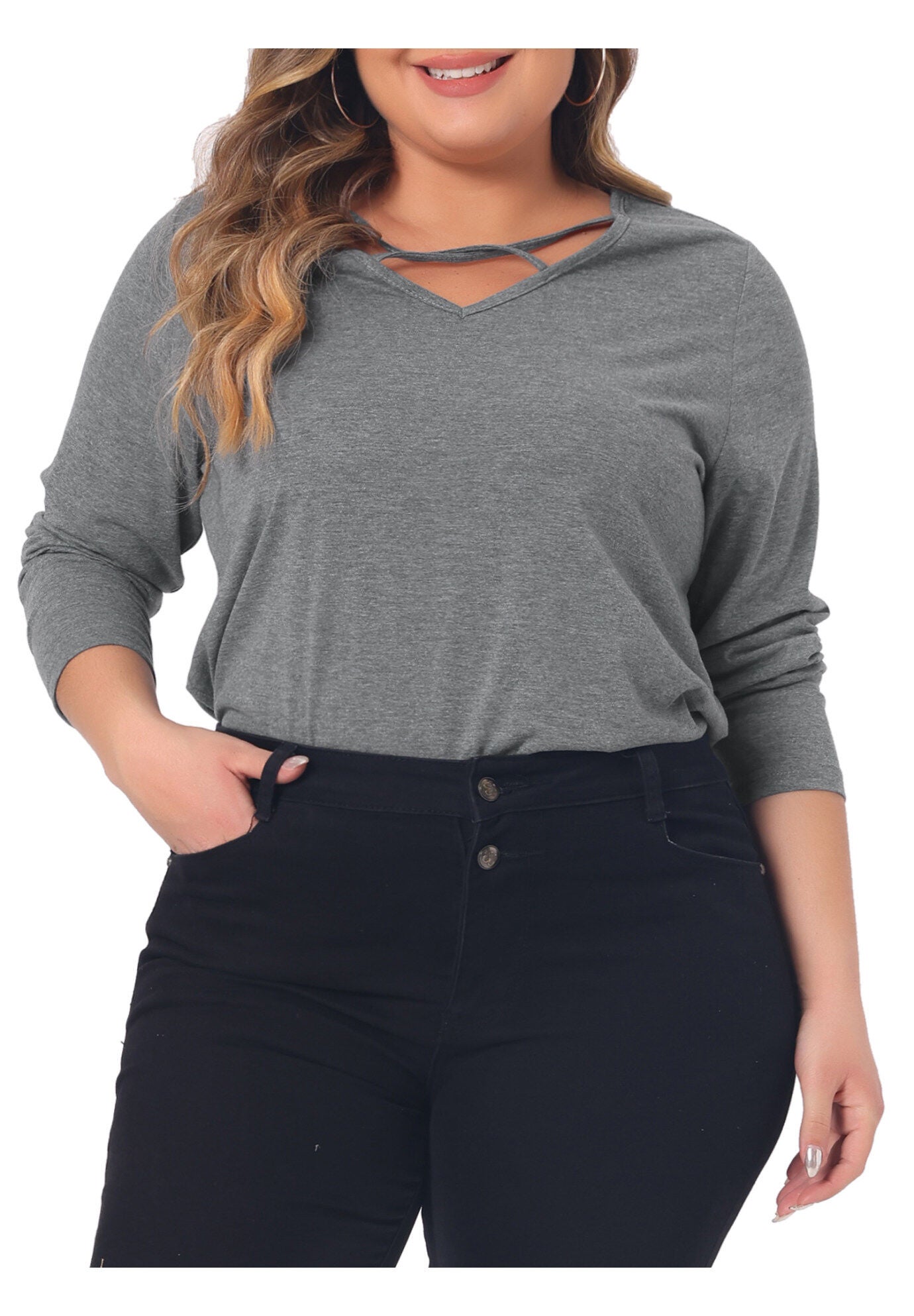 CROSS V NECK LONG SLEEVES T-SHIRT TOP, Grey / Light Grey, alternate image number 2