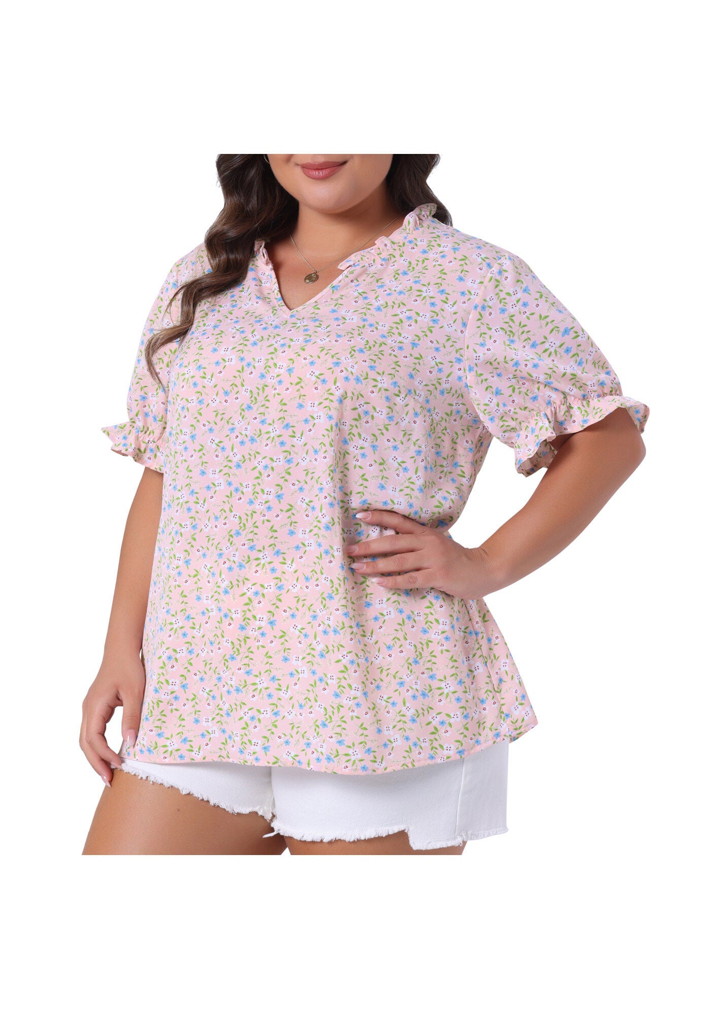 Floral V Neck Ruffle Puff Short Sleeve Blouse, Pink / Pink, alternate image number 2