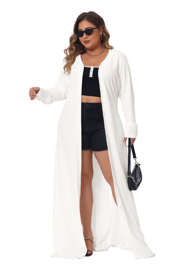 Side Split Long Sleeve Button Down Cardigan Cover Up Dress, White / White, hi-res image number null
