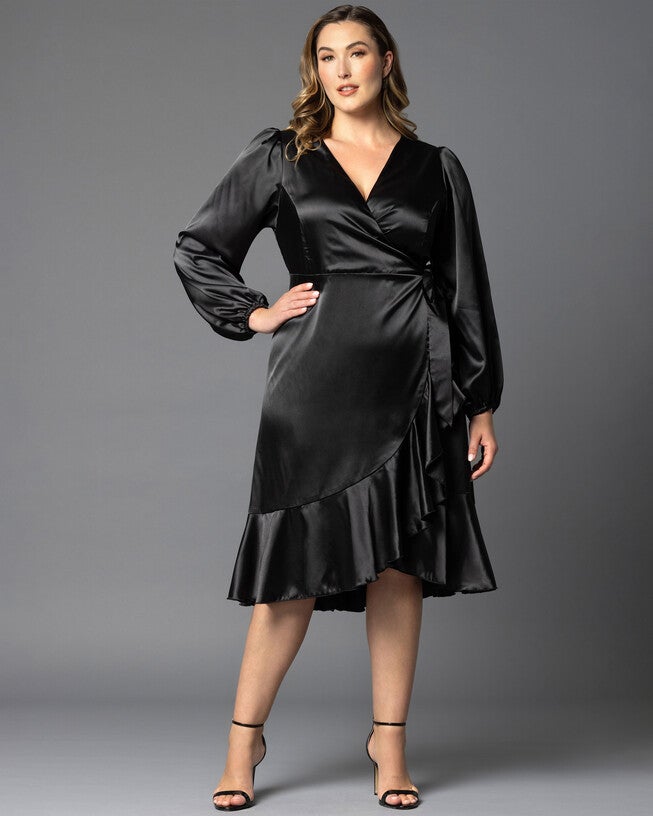 Serena Satin Ruffle Wrap Dress, , alternate image number 7