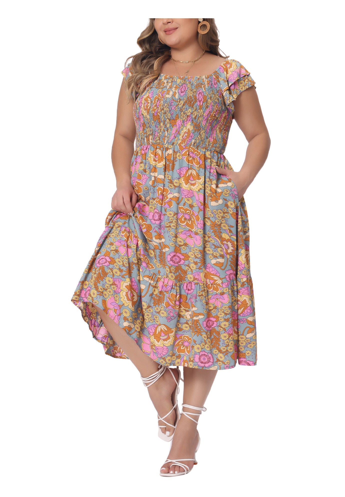 Square Neck Flutter Sleeve Smocked High Waist Flowy Summer Midi Dress, Grey Green / Dusty Blue, alternate image number 1