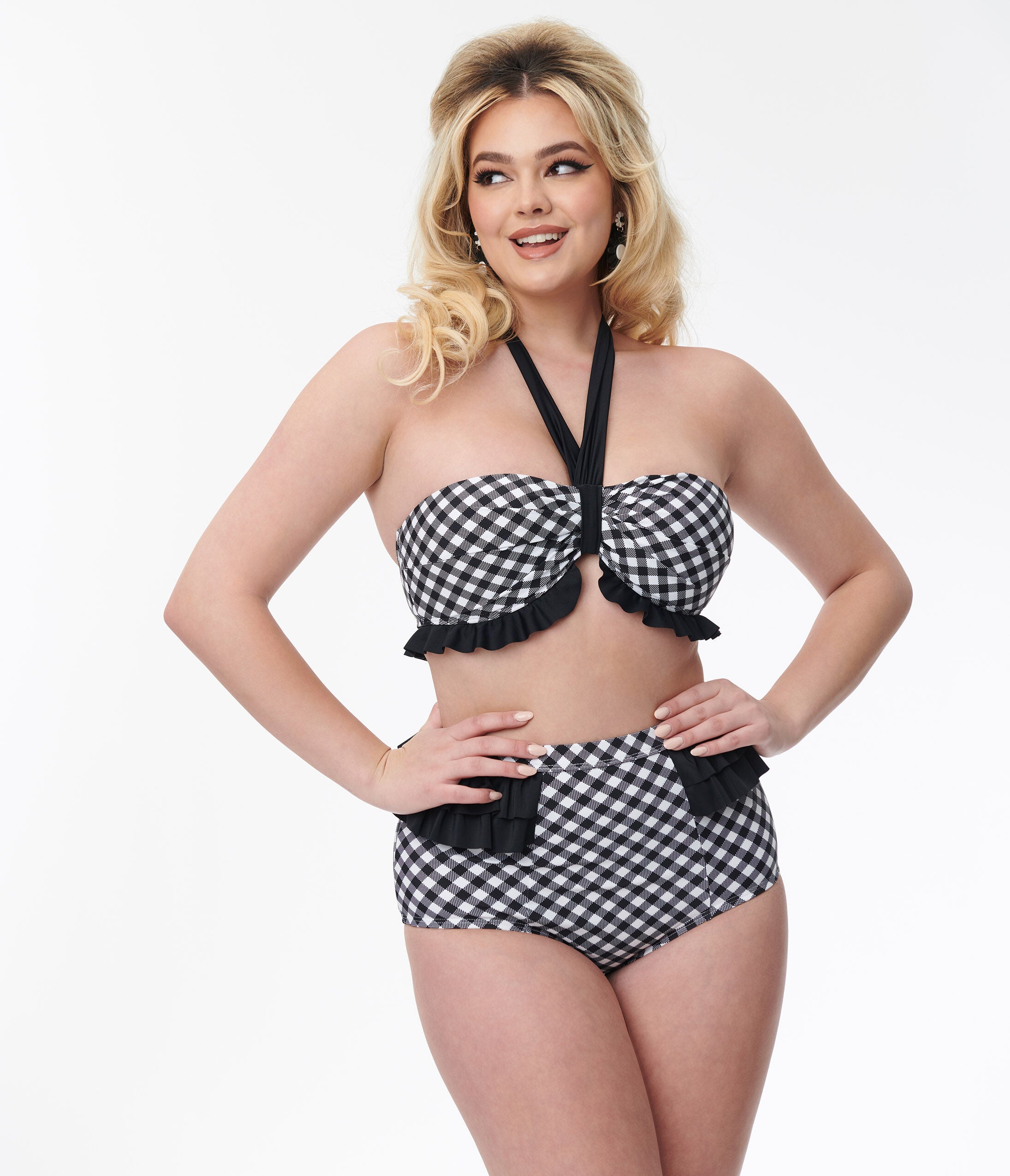 Unique Vintage Black & White Gingham Ruffle Swim Bottom, Black  White Gingham / Black, hi-res image number 0
