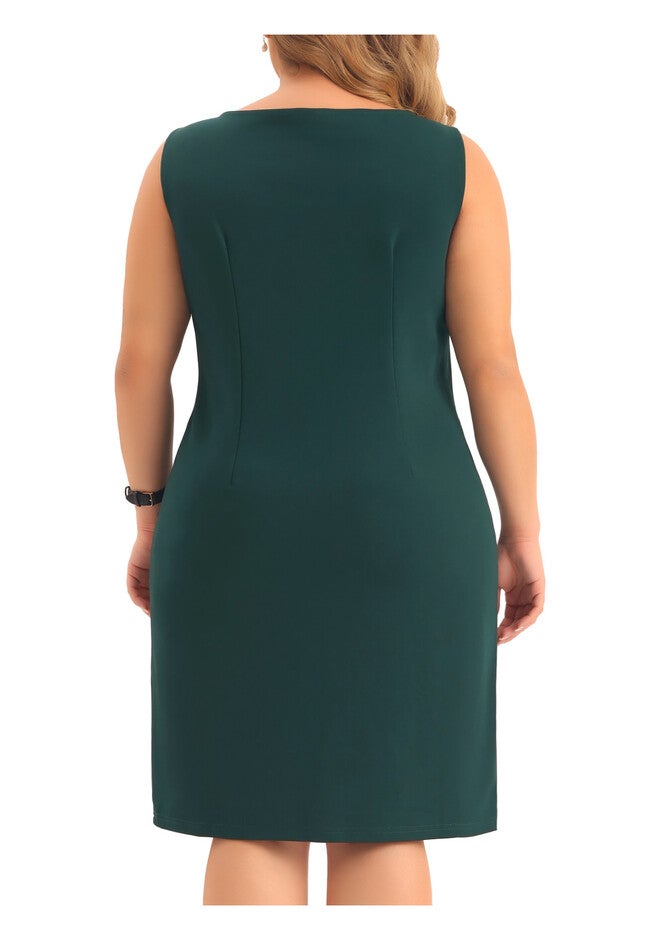 SLEEVELESS BOAT NECK STRAIGHT PENCIL SHEATH DRESS, Dark Green / Forest Green, alternate image number 3