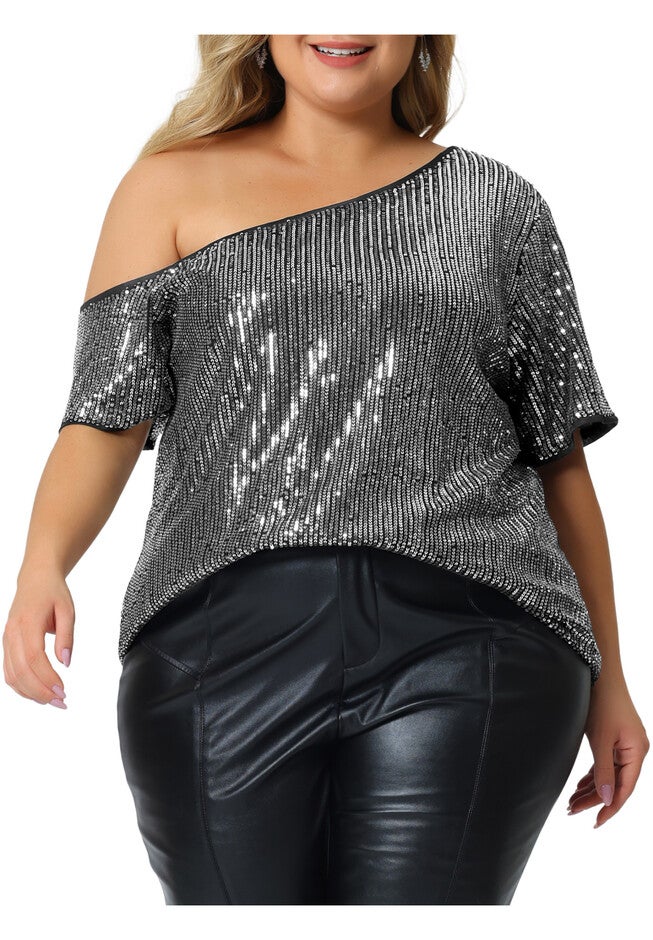 ONE SHOULDER SHORT SLEEVE METALLIC SEQUIN TOP, Silver / Silver, alternate image number 3