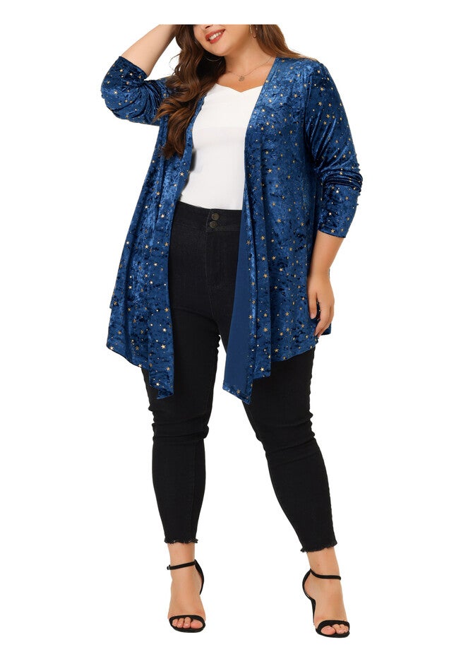 OPEN FRONT DRAPED SHINY VELVET CARDIGAN, Blue / Navy, alternate image number 2