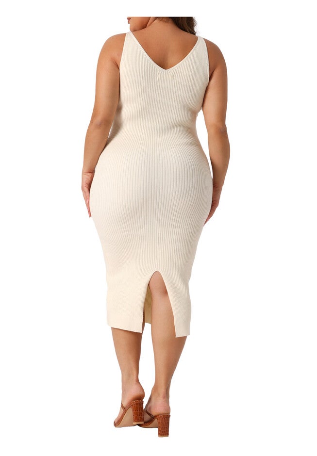 Sleeveless V Neck Ribbed Knit Bodycon Midi Sweater Cami Dress, Beige / Beige, alternate image number 3