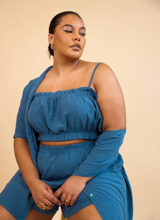 CLIO LINEN PEASANT CROP TOP - CADET BLUE, Blue / Azure Blue, hi-res image number 0