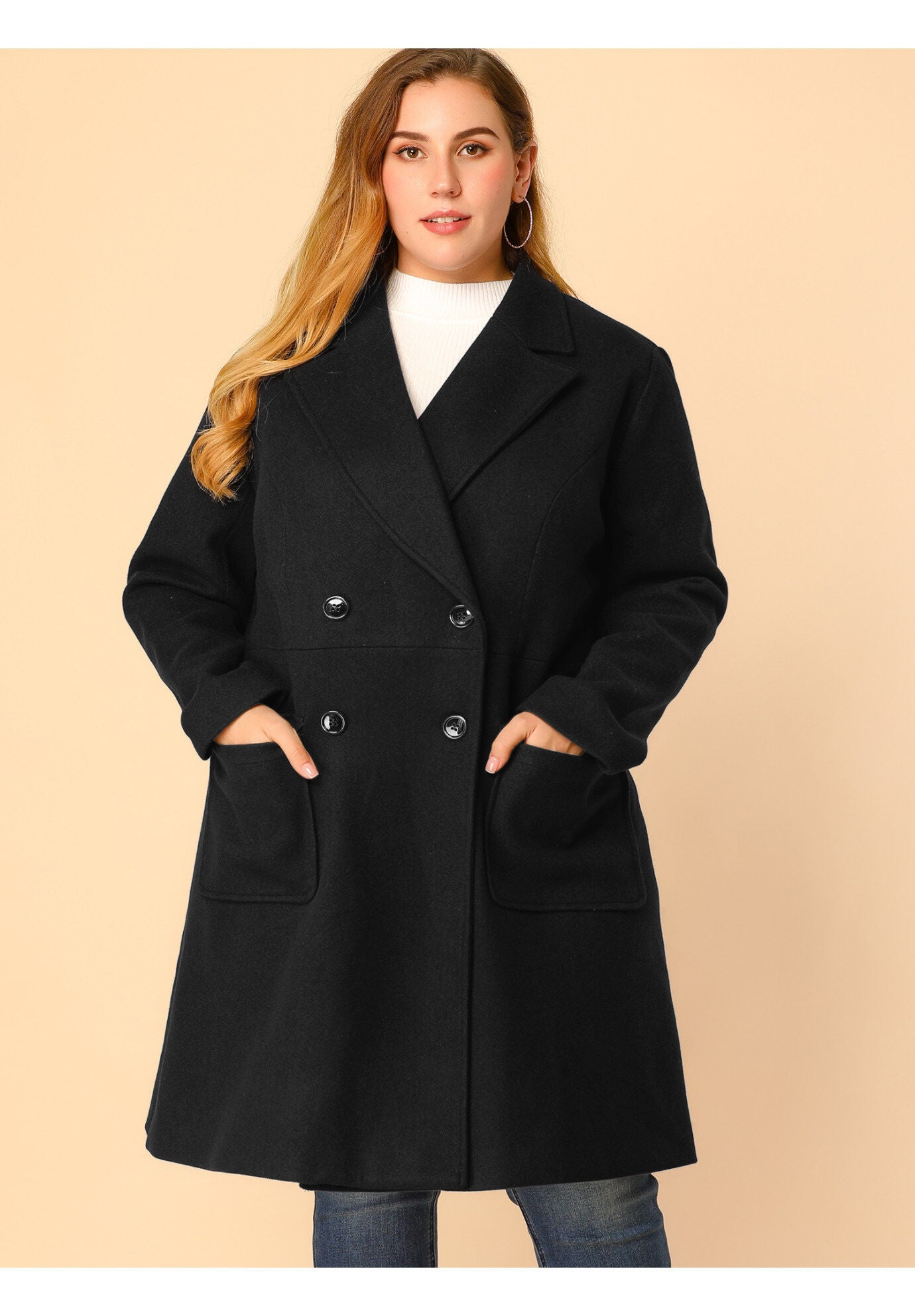 NOTCH LAPEL DOUBLE BREASTED PEA TRENCH COAT, Black / Black, alternate image number 1