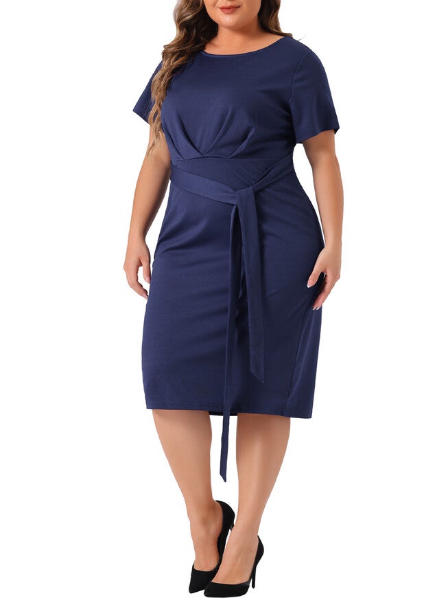 Round Neck Short Sleeve Belted Knot Tie Midi Dress, Navy Blue / Navy, alternate image number 3