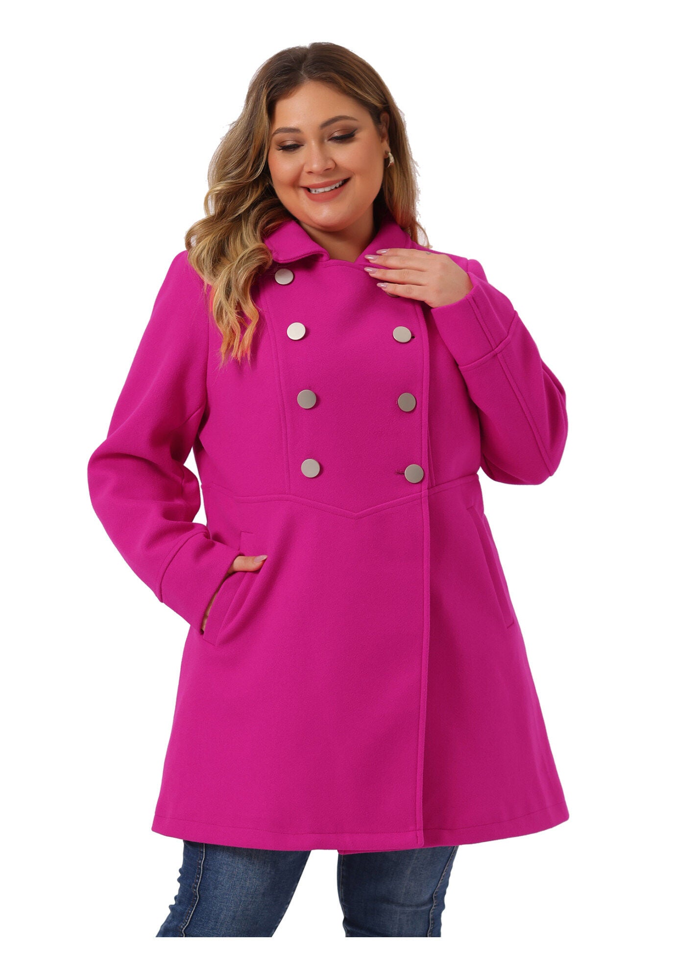 A-Line Peter Pan Collar Double Breasted Peacoat, Hot Pink / Pink, alternate image number 2