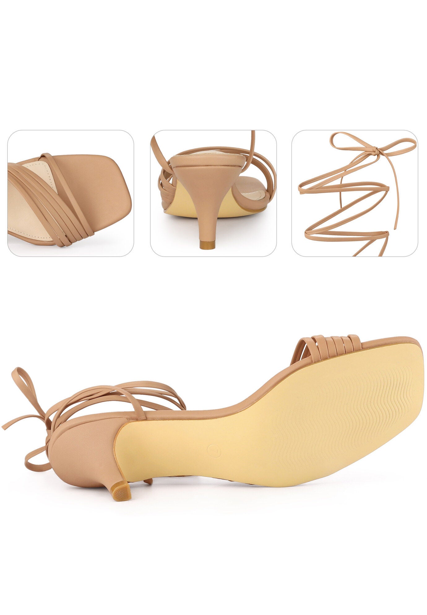 Lace Up Square Toe Strappy Kitten Heels Sandals, Nude / Tan, alternate image number 1