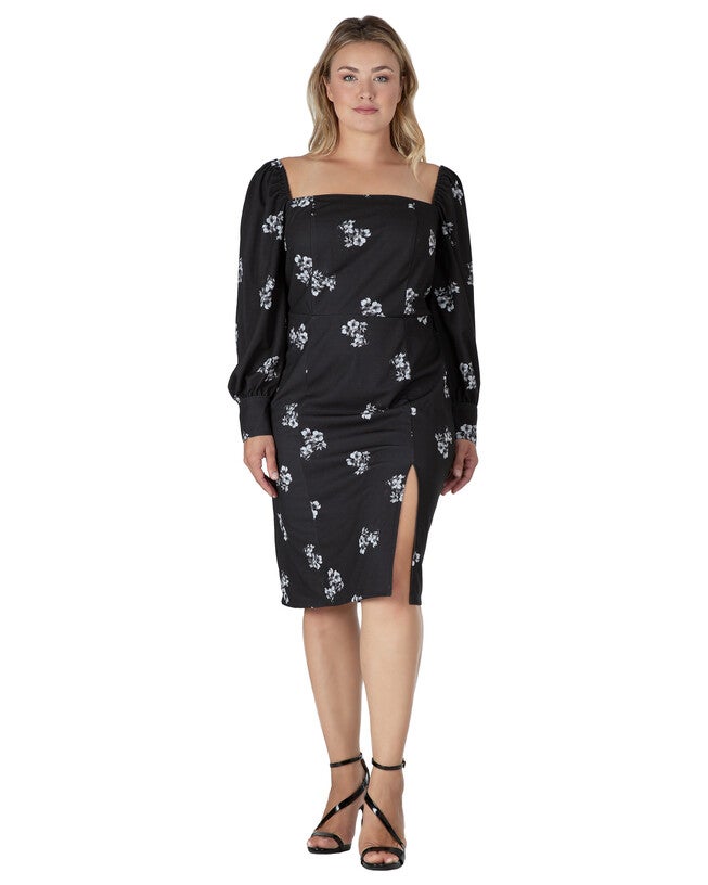 Xena Women's Side Slit Floral Print Midi Dress, BlackWhite Sakura / Black, hi-res image number 0