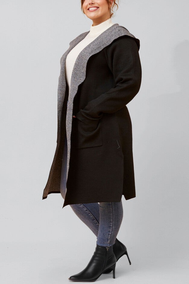Nora Hooded Open Front Knit Cardigan, Black / Black, alternate image number 1