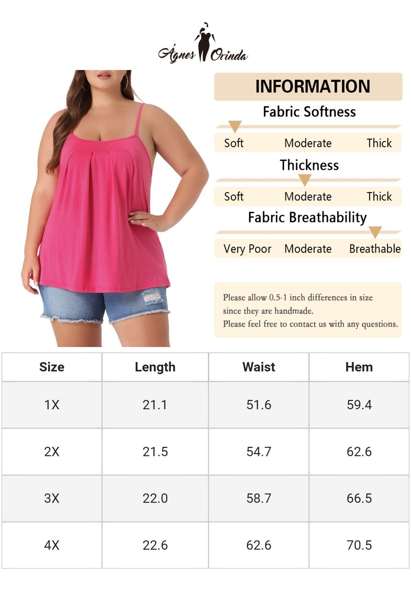 PLEATED SLEEVELESS LOOSE CAMISOLE TANK TOP, Hot Pink / Pink, alternate image number 4