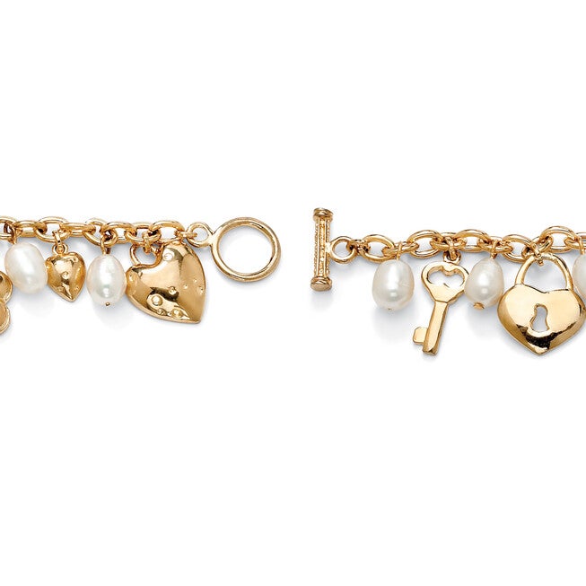 Fashion Cultured Freshwater Pearl Crystal Charm Bracelet in Yellow Goldtone, White / White, alternate image number 1