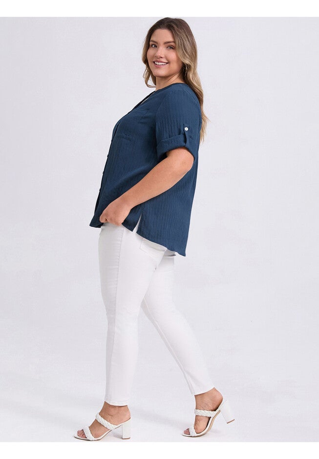 Textual Mandarin Collar V Neck 3/4 Sleeve Shirt Top with Pocket, Dark Blue / Navy, alternate image number 1