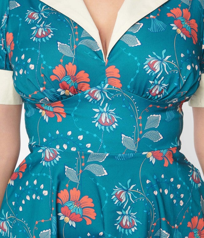 Unique Vintage Teal & Red Floral Chain Print Swing Dress, TealFloral / Teal, alternate image number 2
