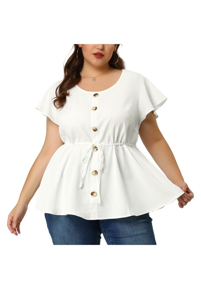 Peplum Button Decor Drawstring Waist Flare Sleeve Blouse Top, White / White, alternate image number 1