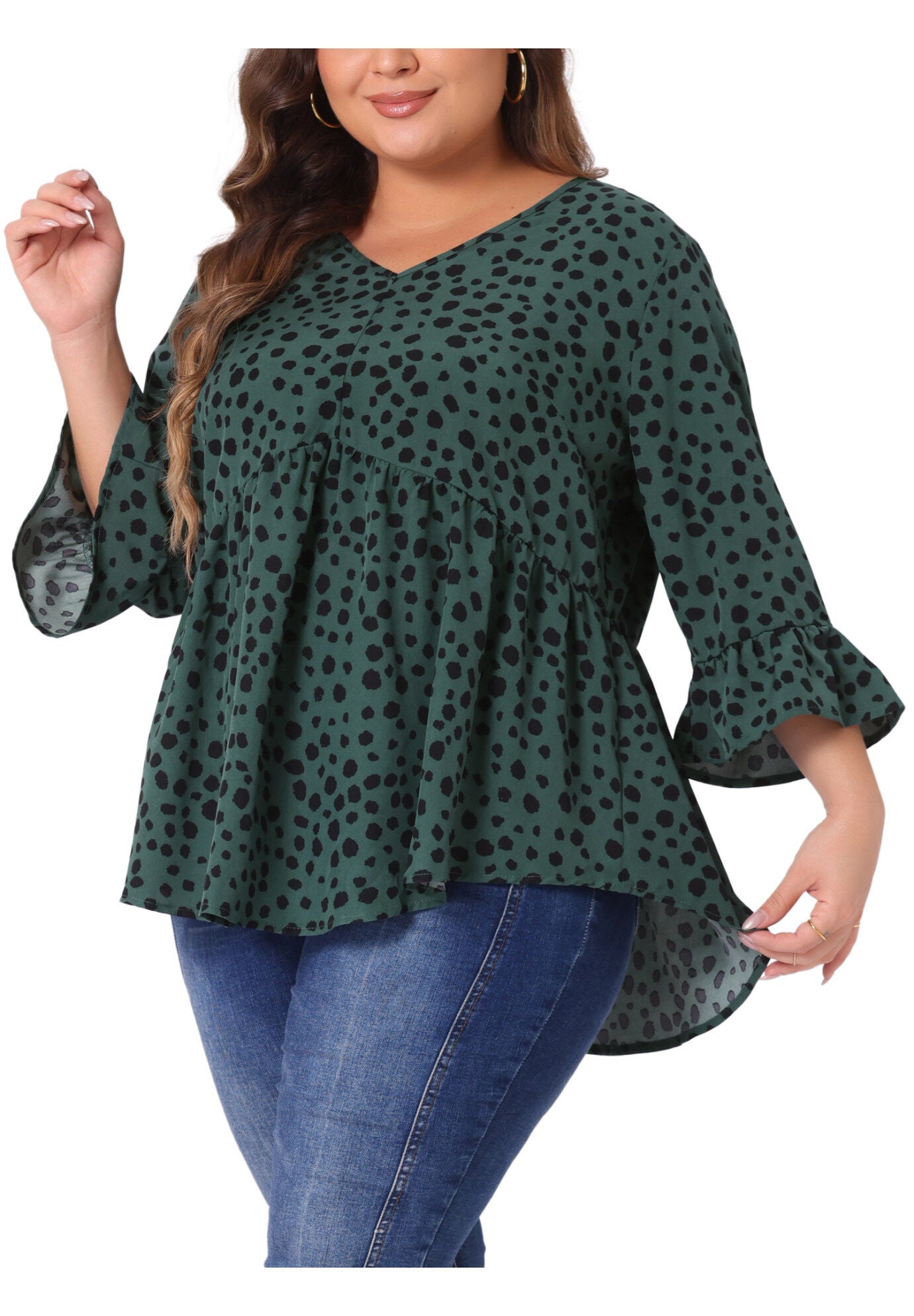 Polka Dots Blouse 3/4 Ruffle Sleeve Peplum Top, Dark Green / Hunter Green, alternate image number 2