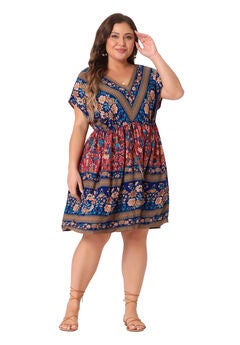 Boho Summer V Neck Drawstring Waist Short Sleeve Floral Print Dress