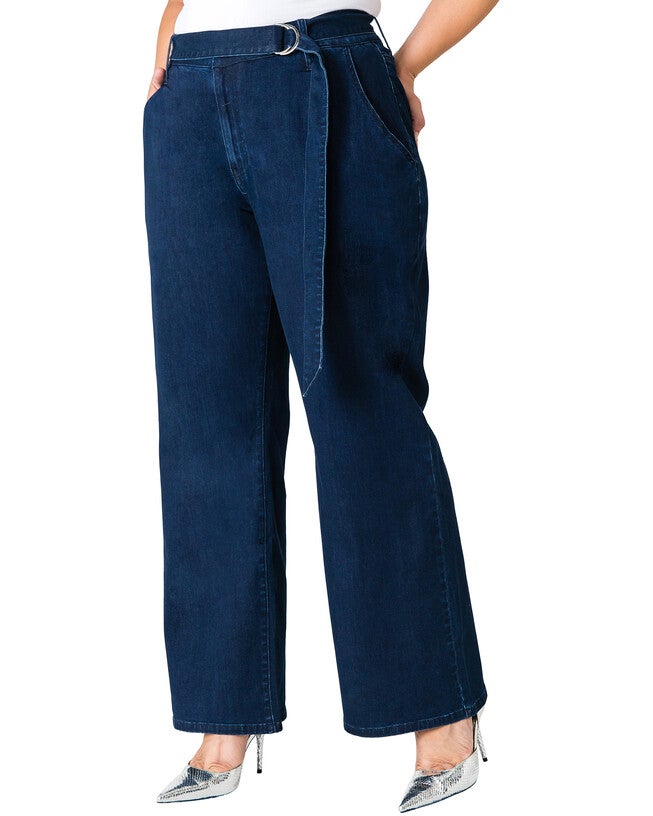 Zahra Plus Size Belted Wide Leg Denim Trouser Jeans, Dark Blue / Dark Wash, alternate image number 3