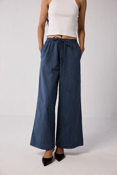 Wide-leg Drawstring Pants with Navy and White Stripes in Blue
