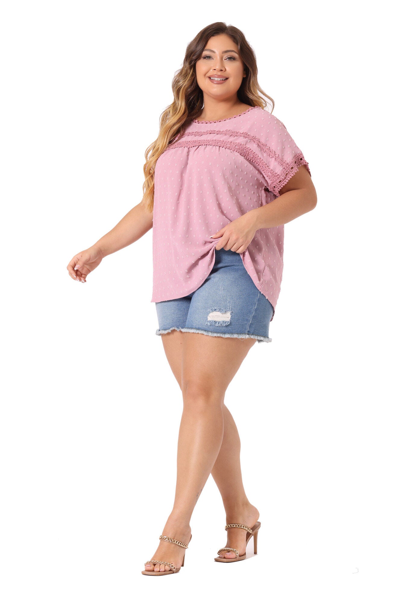 Swiss Dots Lace Crochet Short Sleeve Chiffon Blouse, Pink / Pink, hi-res image number 0