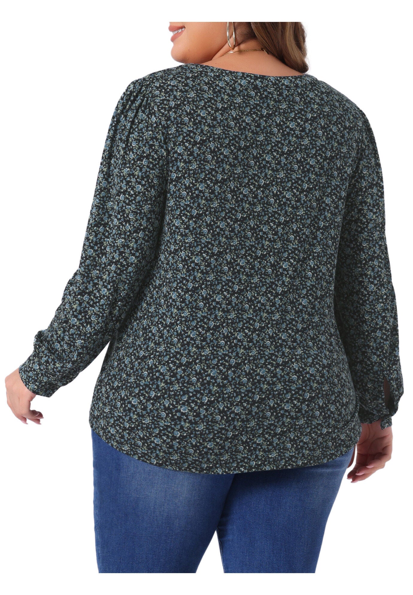 Long Sleeve Pleated Notch V Neck Floral Tunic Blouse, Black Blue / Navy, alternate image number 1