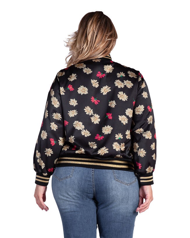 Women's Plus Size Cropped Floral Print Bomber Jacket, Blk Sparkler / Black, alternate image number 2