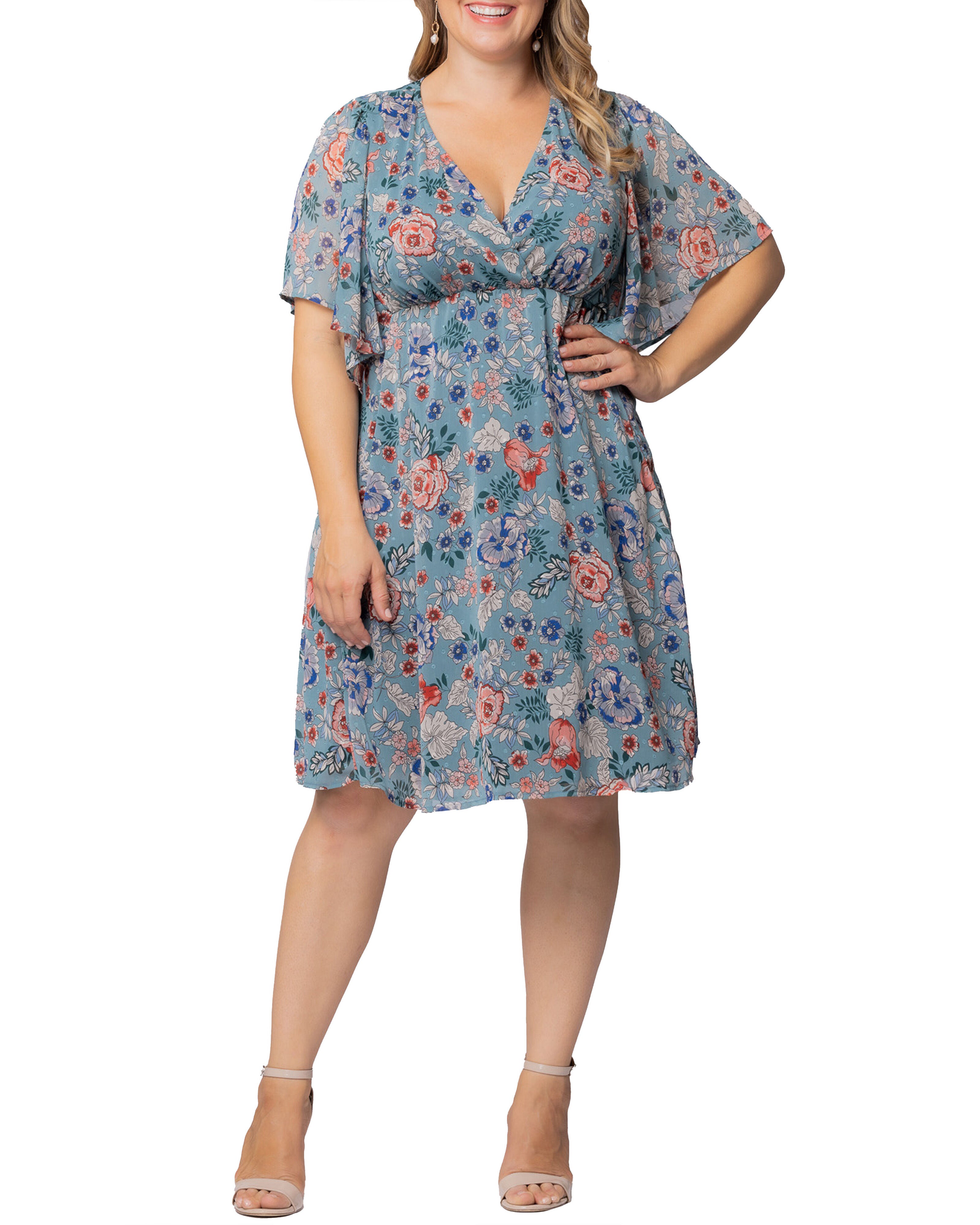 Florence Flutter Sleeve Dress, BLUE GARDEN PRINT / Azure Blue, hi-res image number 0