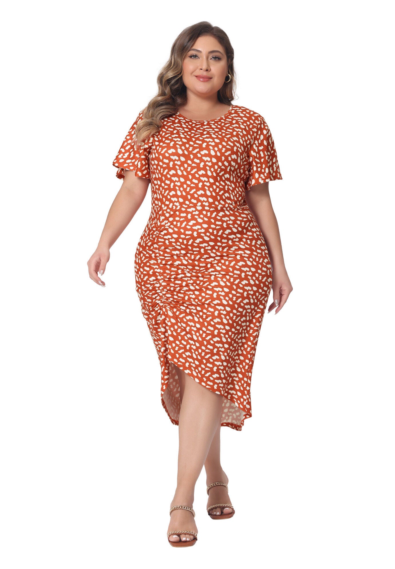 Polka Dots Ruched Round Neck Short Sleeve Wedding Cocktail Bodycon Dress, Orange / Orange, hi-res image number 0