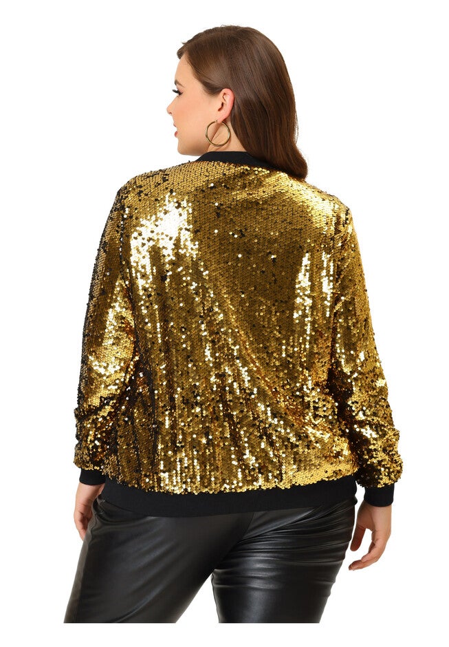 METALLIC SEQUIN SPARKLE ZIP BOMBER JACKET, Gold / Gold, alternate image number 3