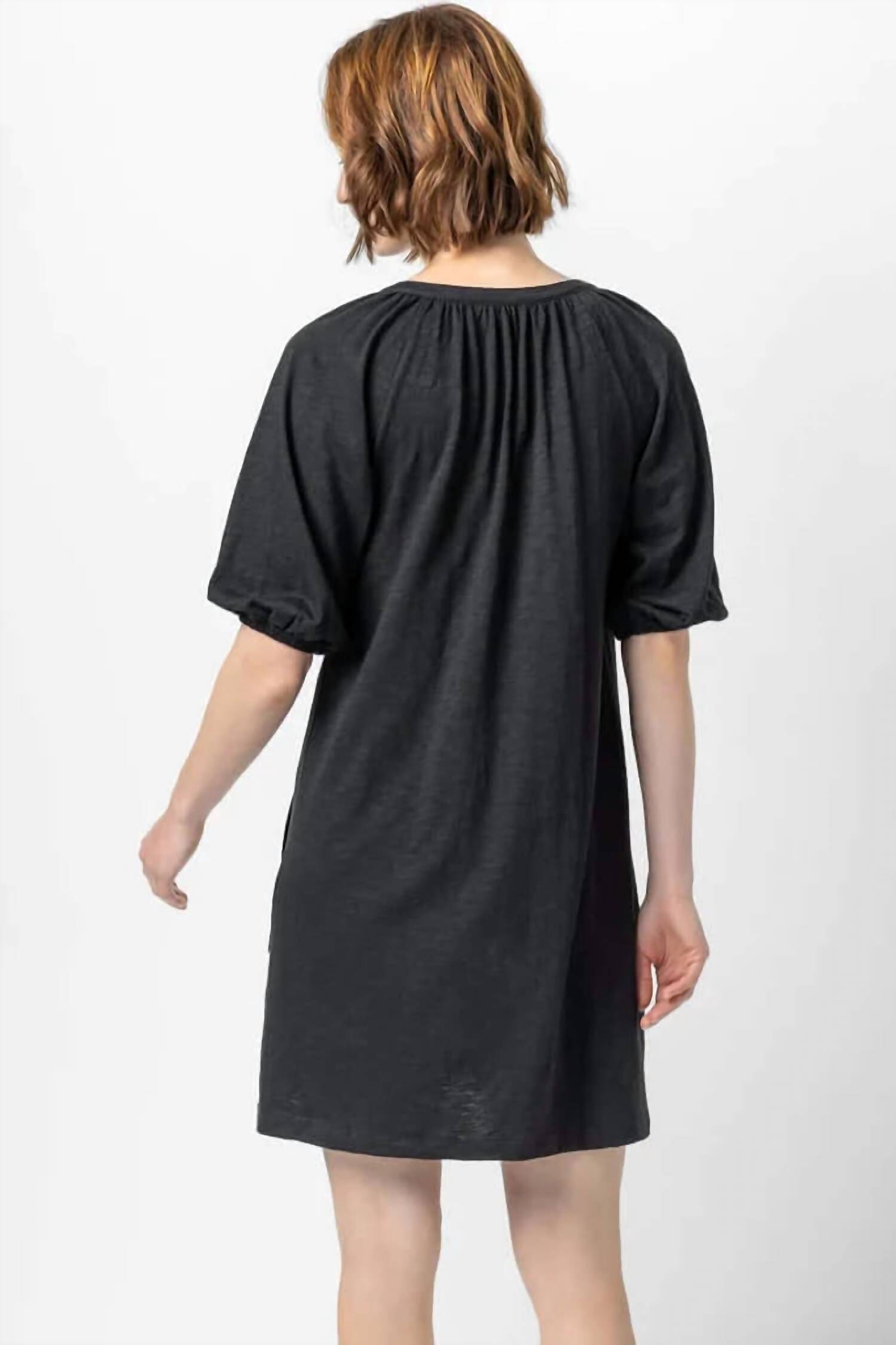 3/4 Sleeve Split Neck Puff Sleeve Dress in Black, , alternate image number 2