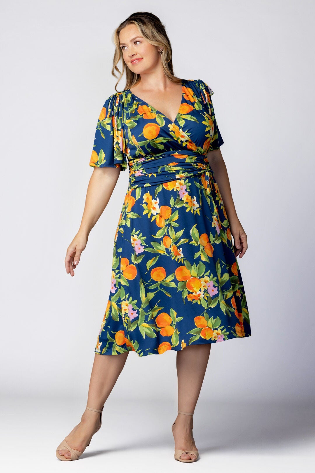 Jemma Ruched Tie Dress, Navy Citrus Print / Navy, hi-res image number 0