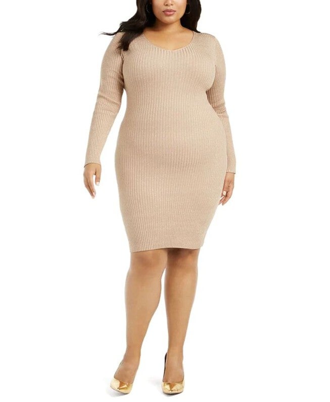 Planet Gold Women's Plus Metallic Lace up Sweaterdress Brown Size 1X, Brown / Brown, hi-res image number 0