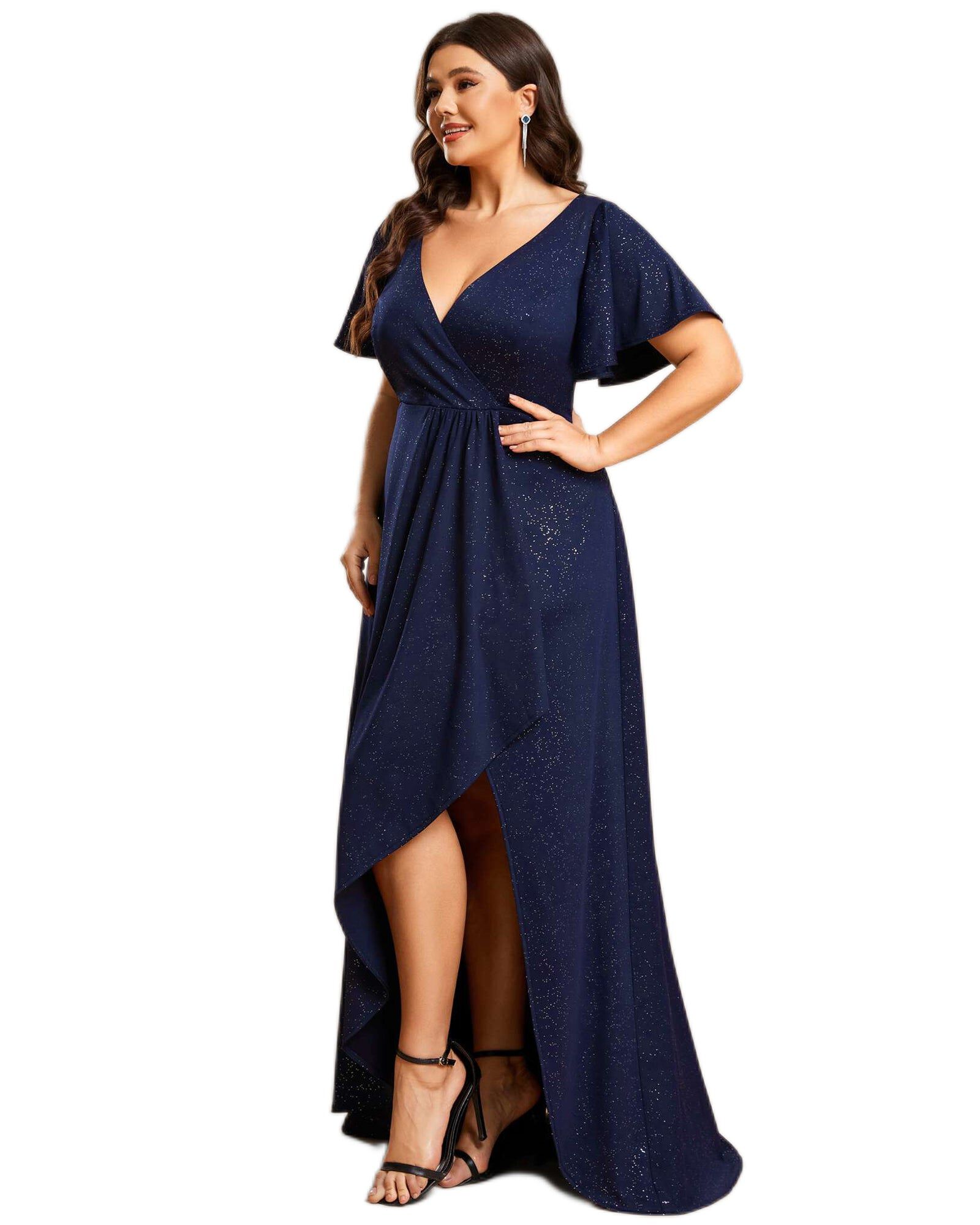 Glitter High-Low Front Side Slit Ruffled V-Neck Evening Dress, , alternate image number 7