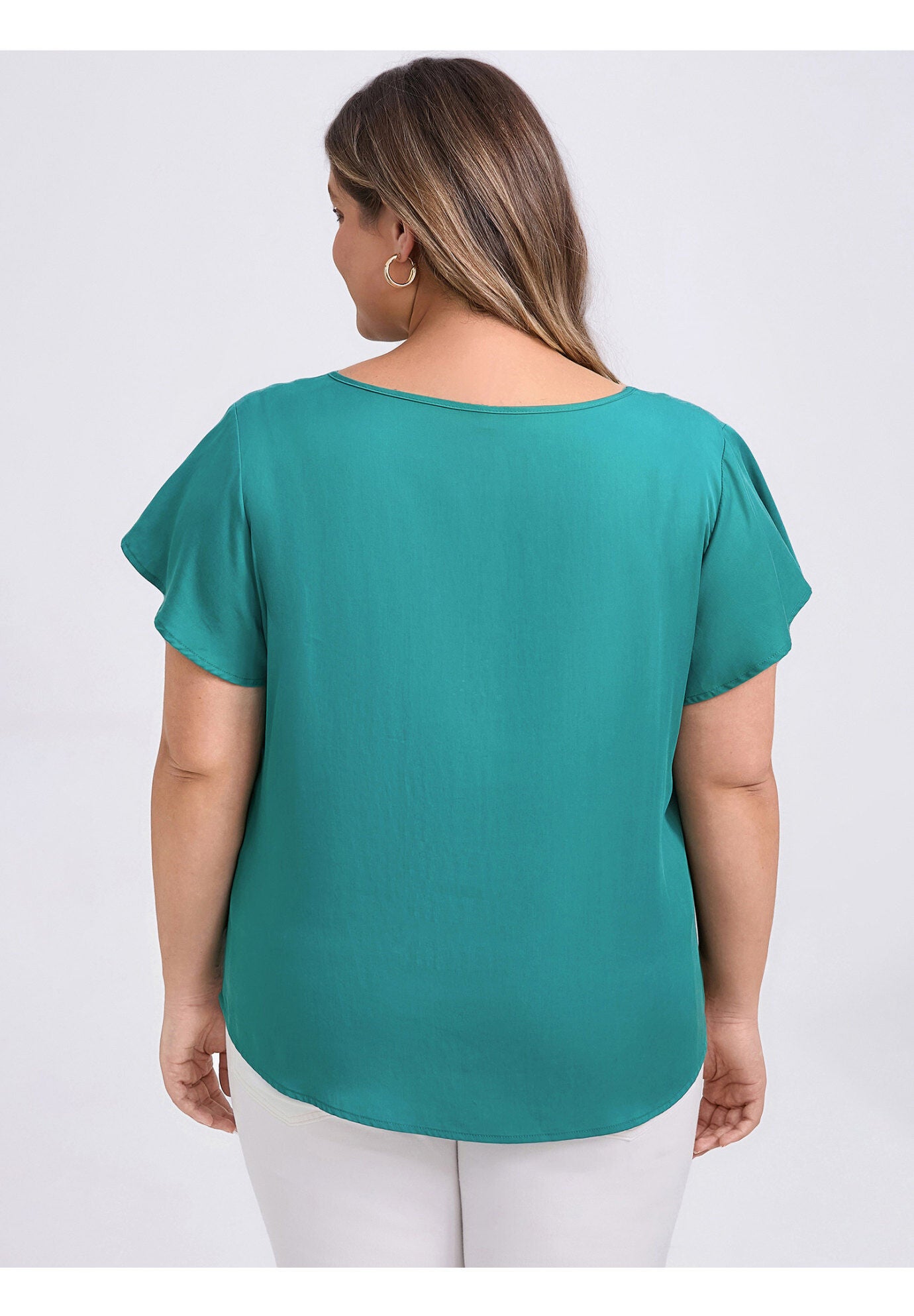 V Neck Shoulder Pleated Ruffle Short Sleeve Blouse, Lake Blue / Azure Blue, alternate image number 2