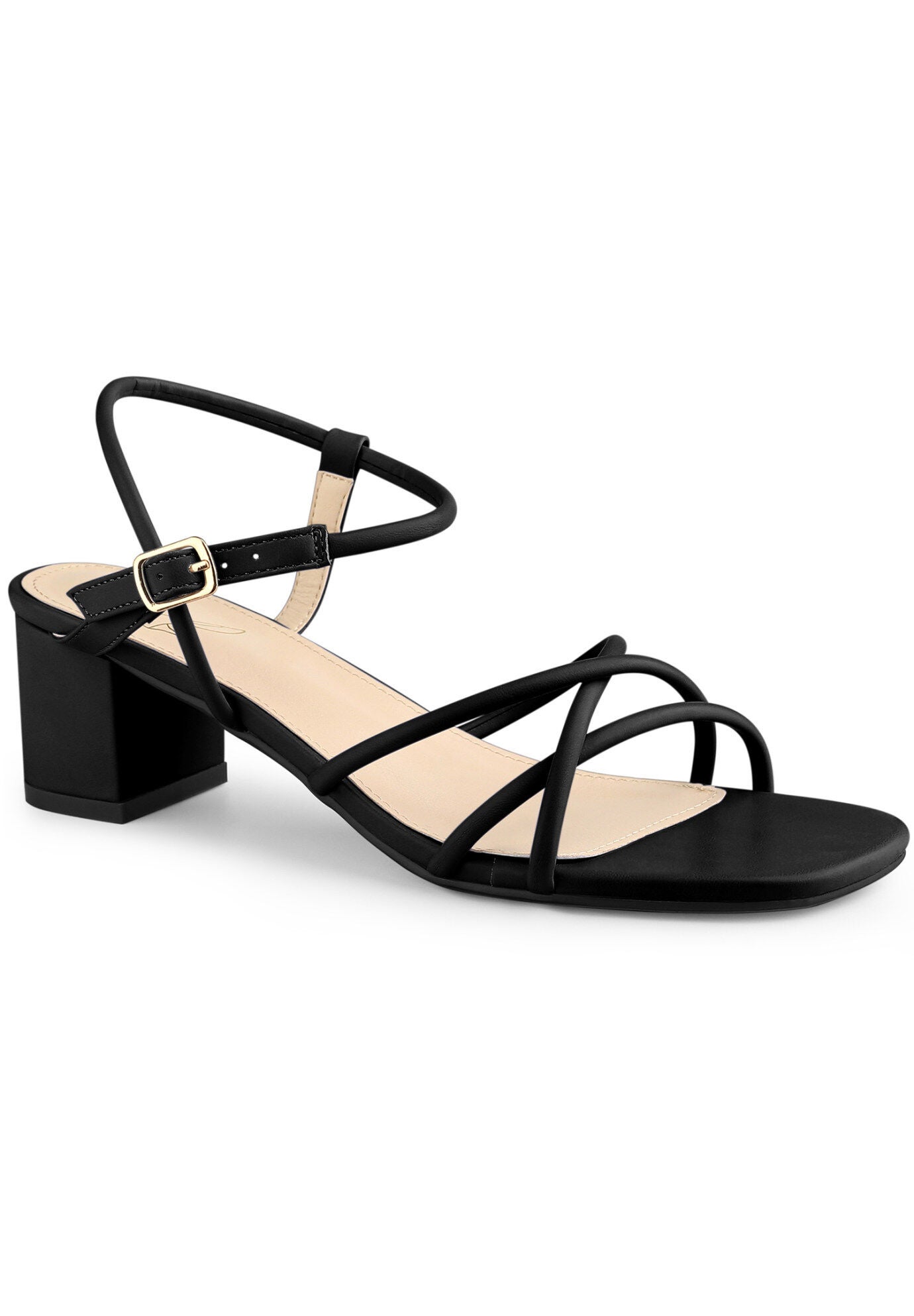 Strappy Heels Square Toe Slingback Chunky Heel Sandals, Black / Black, hi-res image number 0