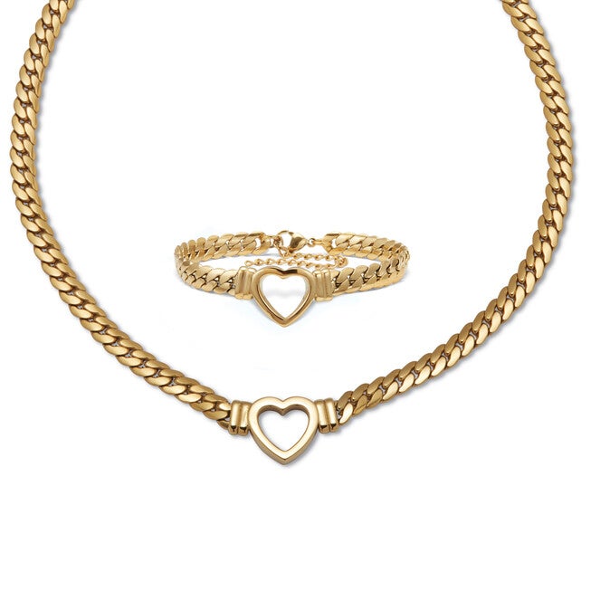 Yellow Gold Ion-Plated Stainless Steel Heart Bracelet And Necklace 16 Inch, Yellow / Yellow, hi-res image number 0