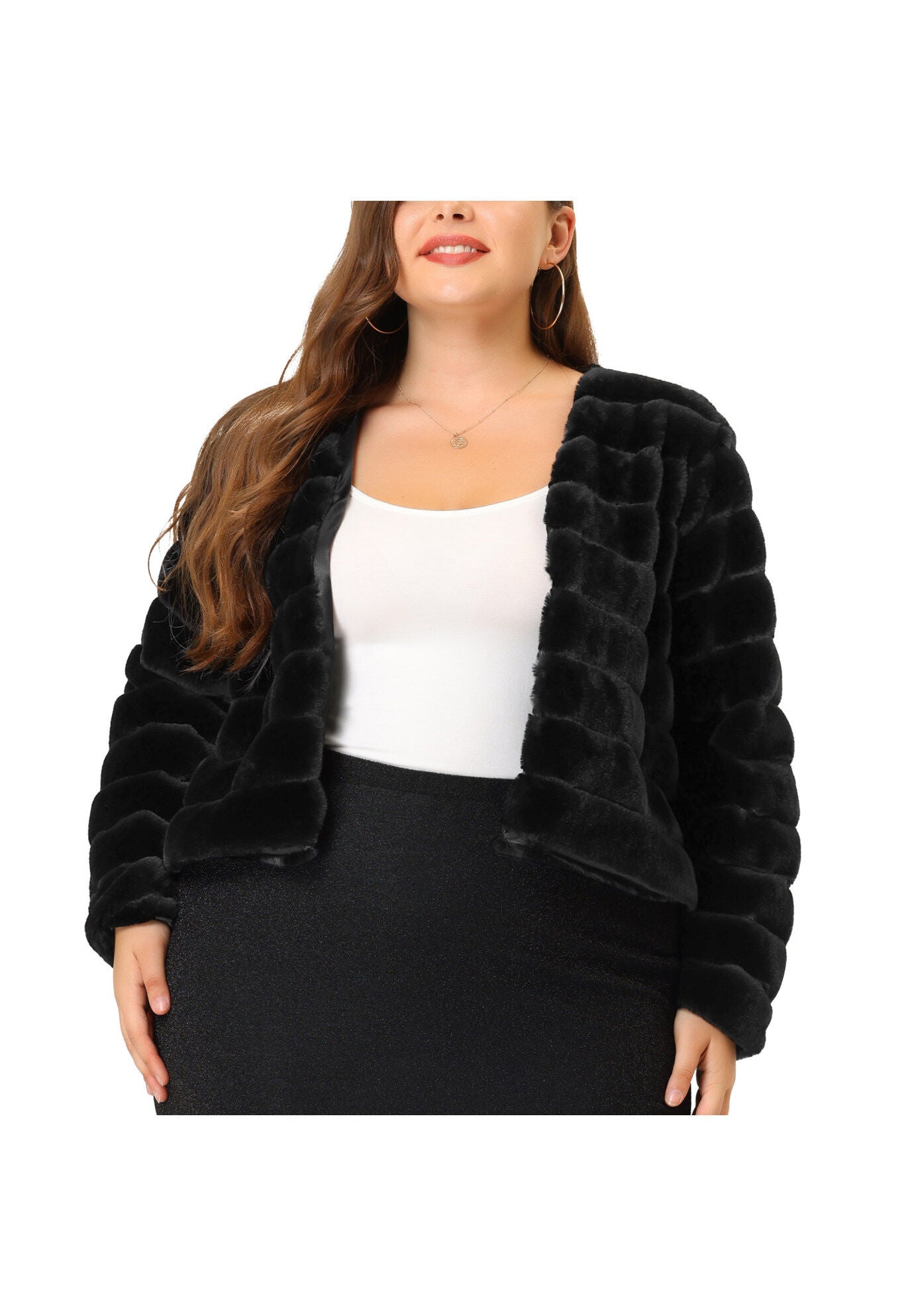 OPEN FRONT CROPPED FAUX FUR WINTER FLUFFY JACKET, Black / Black, alternate image number 1