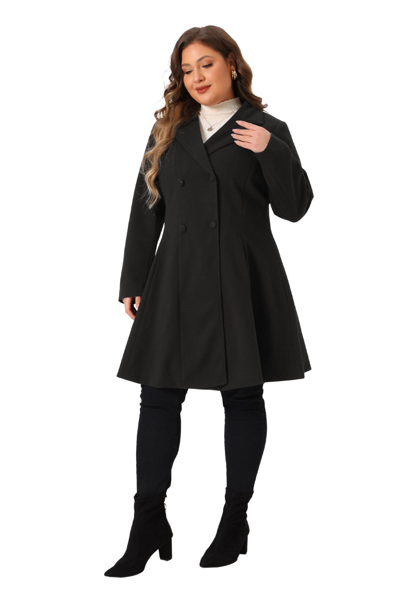 Notch Lapel Double Breasted A Line Peacoat Trench Coat, Black / Black, hi-res image number 0