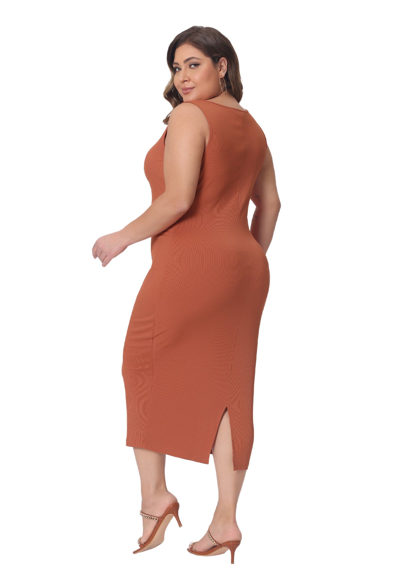 SLEEVELESS SQUARE NECK BODYCON SUNDRESS MIDI TANK DRESS, Orange / Orange, hi-res image number 0