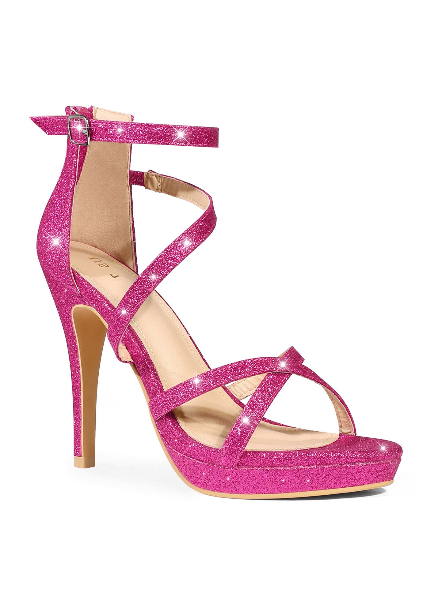 Platform Glitter Strappy Stiletto Heels Sandals, Hot Pink / Deep Fuchsia, hi-res image number 0