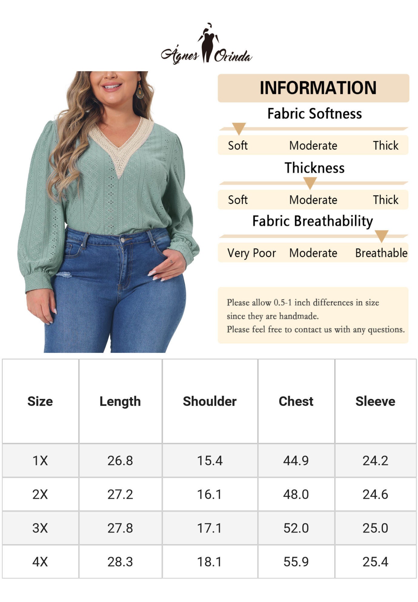 Lace V Neck Petal Long Sleeve Blouse Eyelet Hollow Top, Green / Mint, alternate image number 4