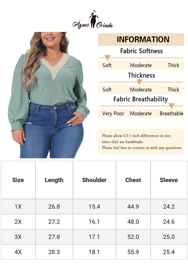 Lace V Neck Petal Long Sleeve Blouse Eyelet Hollow Top, Green / Mint, alternate image number 4