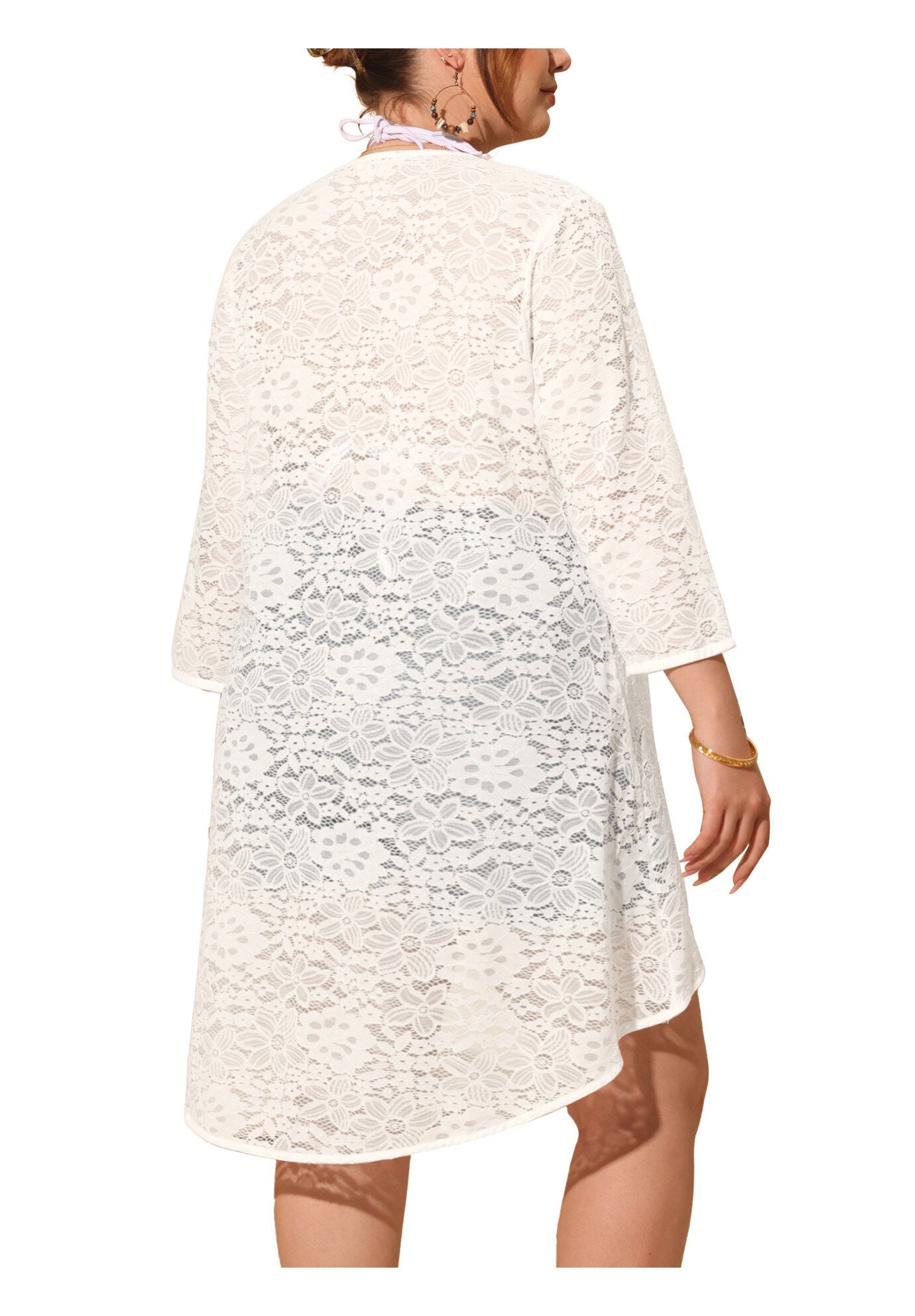 LIGHTWEIGHT 3/4 SLEEVE OPEN FRONT CROCHET LACE COVER UP, White / White, alternate image number 4